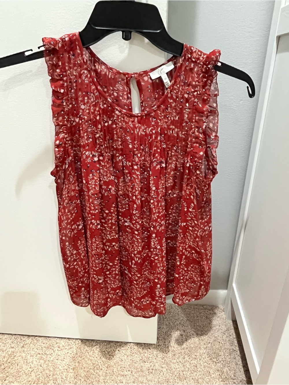 Joie XS Silk Red Floral Ruffle-Trim Sleeveless Top